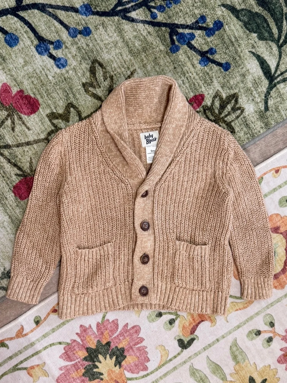 New OshKosh B'gosh Shawl Collar Knit Cardigan in Camel Brown 9 Months Baby Boy